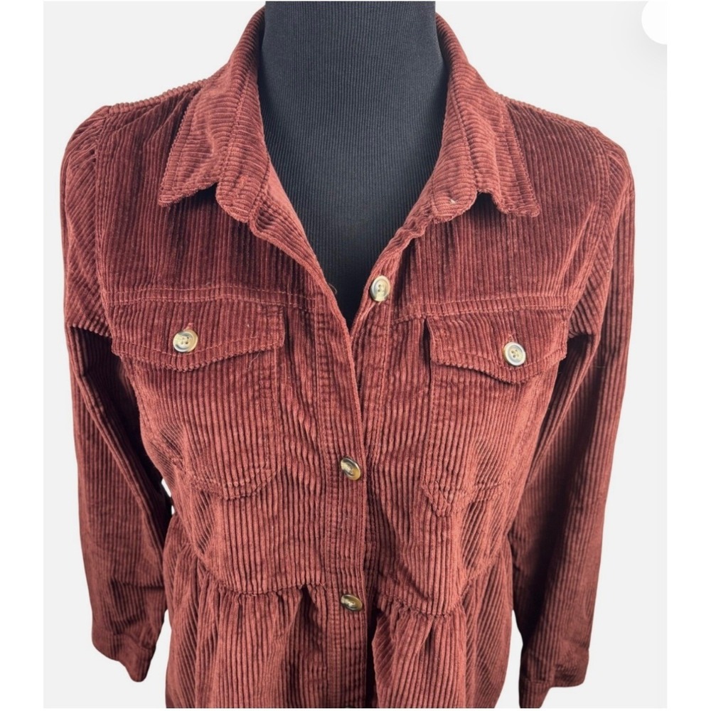 American Eagle Corduroy Tiered Shirtdress Rust Brown M Cottagecore Boho Indie - Picture 2 of 10